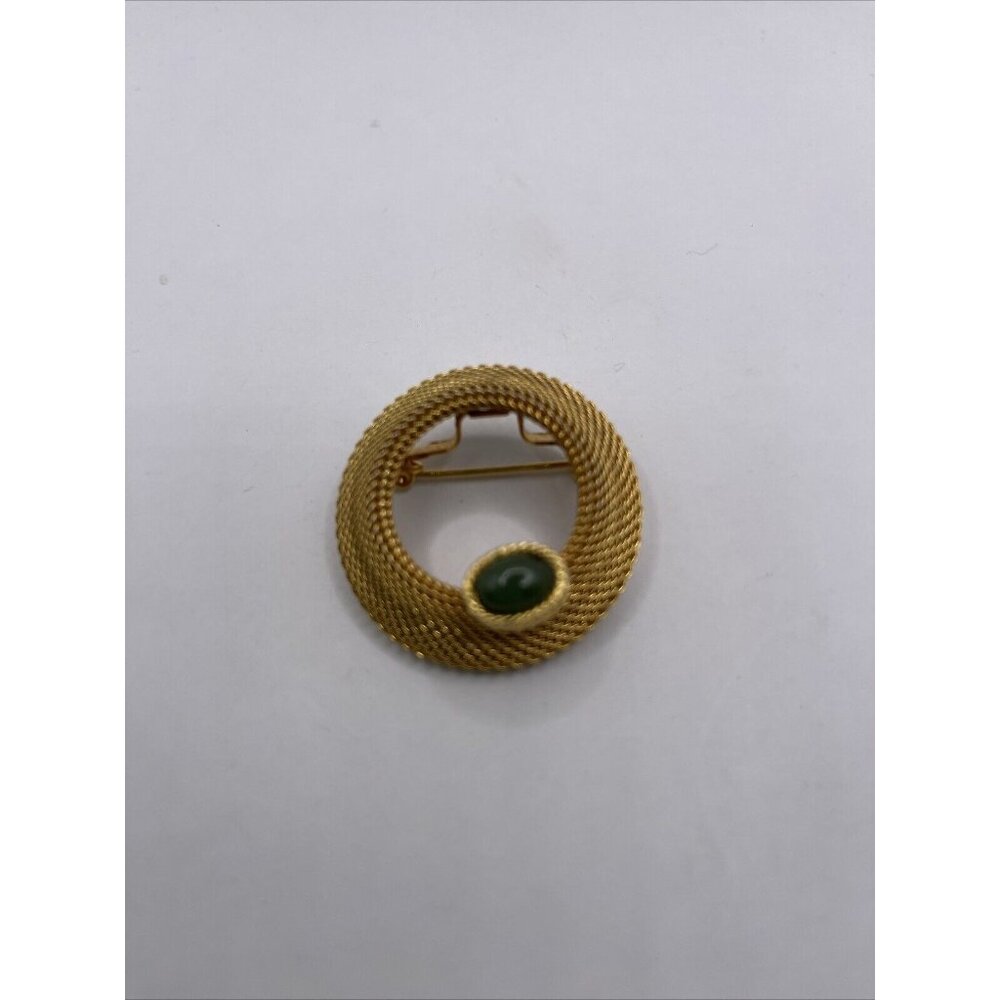 Gold Tone Mesh Round Emerald Bead Brooch Pin